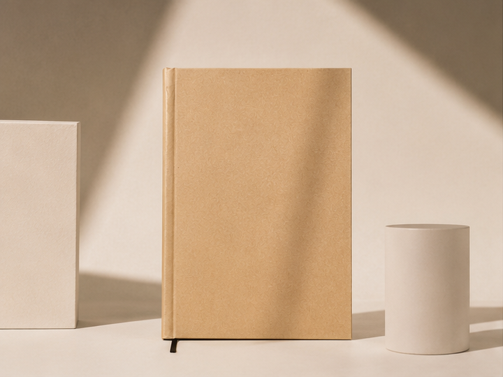 A collage of four warm-toned studio shots showing a tan hardcover notebook or journal with white geometric props. One panel shows the closed notebook standing upright, another shows it closed on stacked white blocks, a third shows it open with blank white pages, and a fourth shows a close-up of the closed cover and black ribbon bookmark.